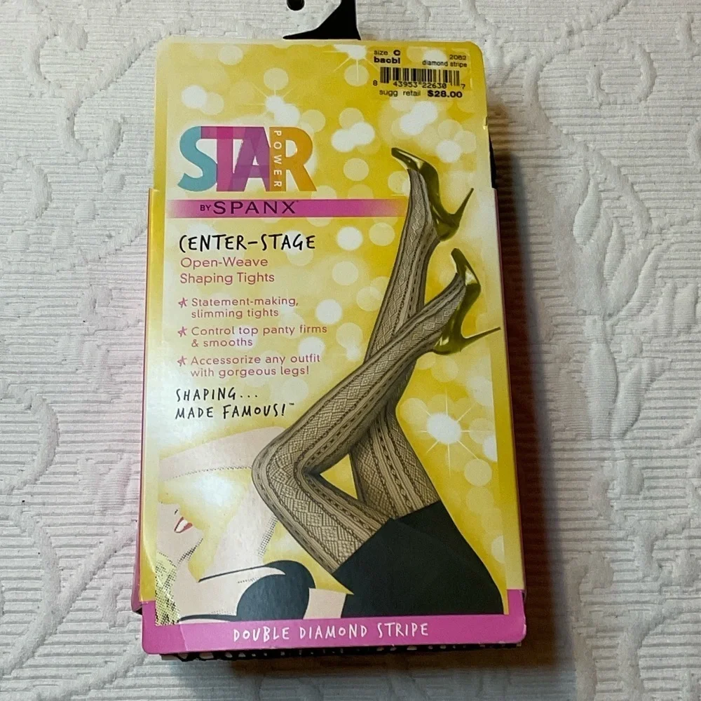 Spanx Open-Weave Shaping Tights. Black size C. NWT. Double Diamond Stripe.
